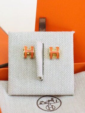 Hermès Clic H Gold & Orange Enamel Stud Earrings